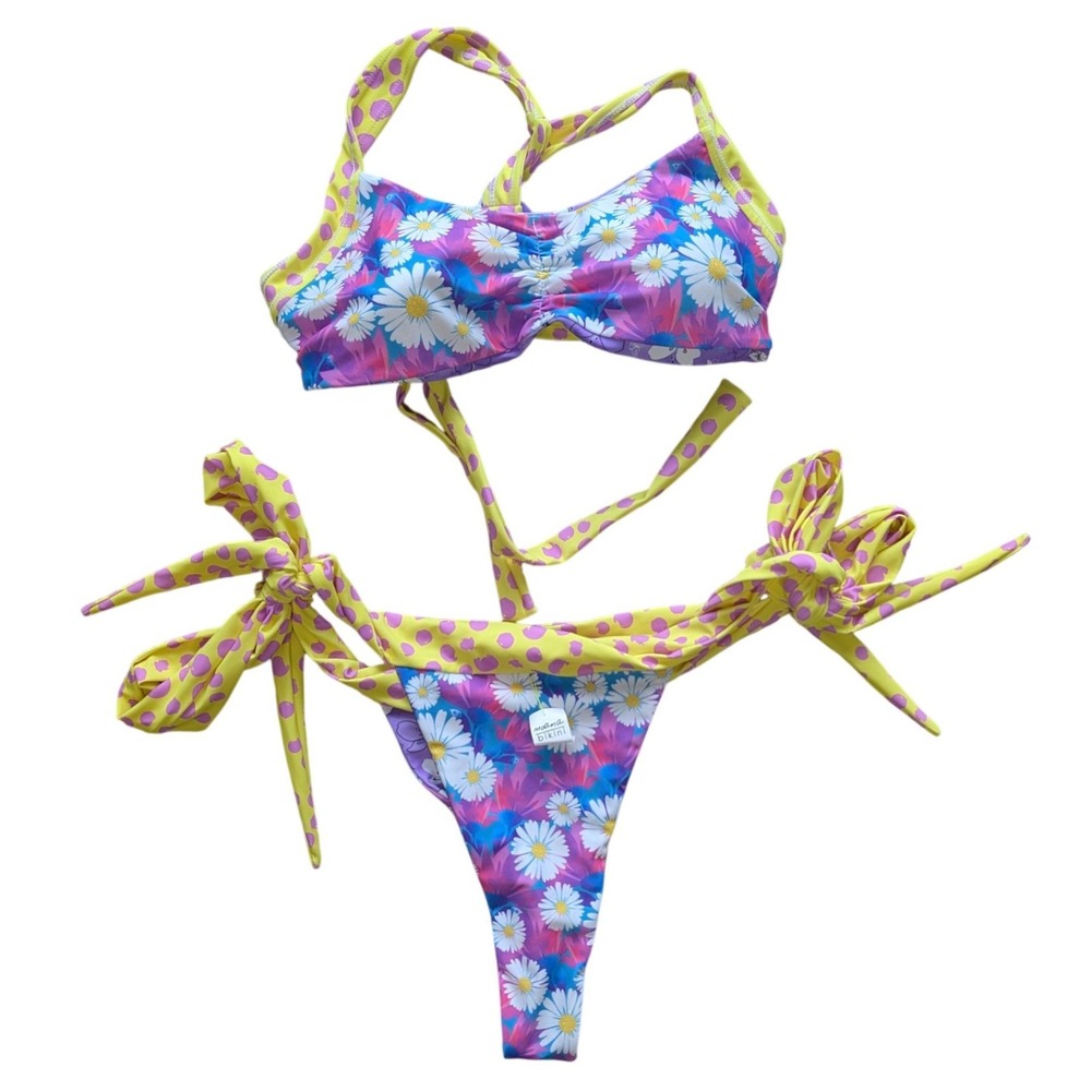 Moana bikini large reversible purple pink yellow pattern tie up lightly lined